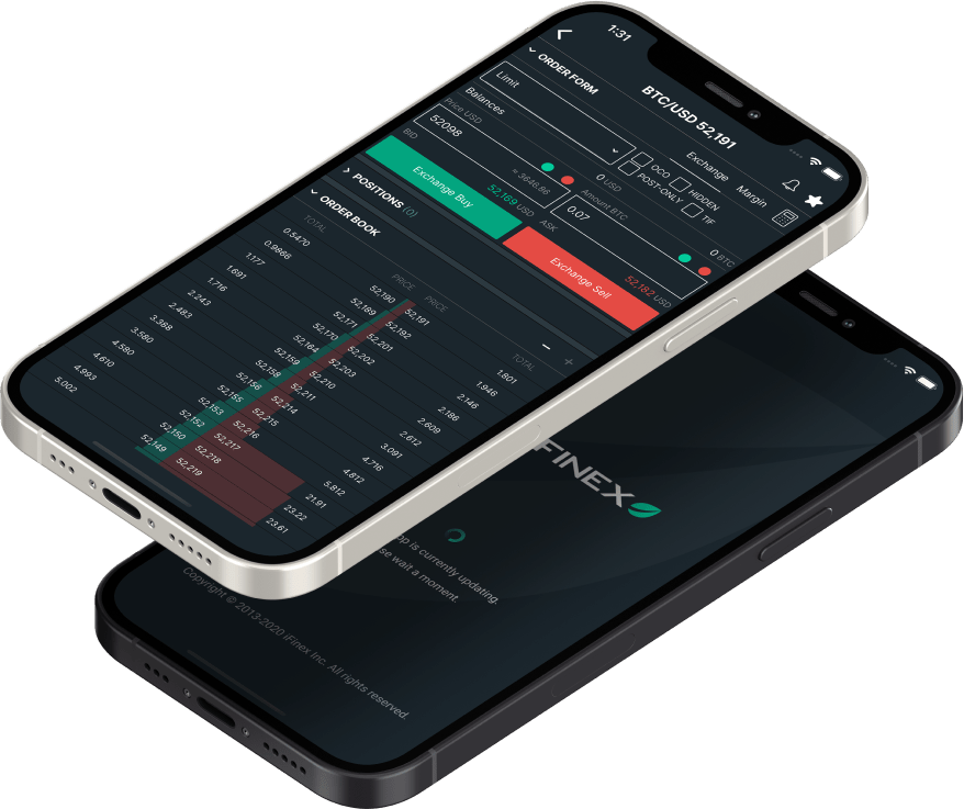 Bitfinex mobile app screens shown on 2 mobile phones