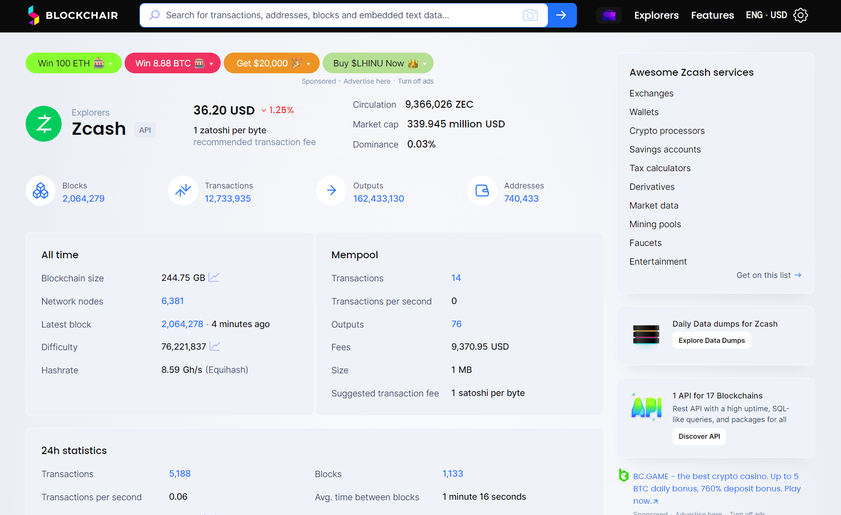 Blockchair Zcash Explorer page showing Zcash stats on a laptop