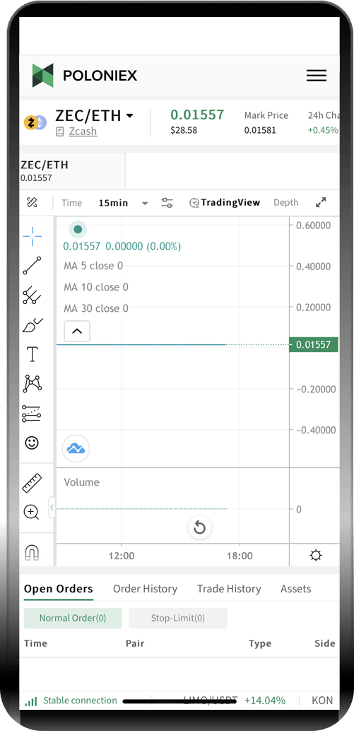 Poloniex exchange with the ZEC/ETH pair trading screen on a mobile phone