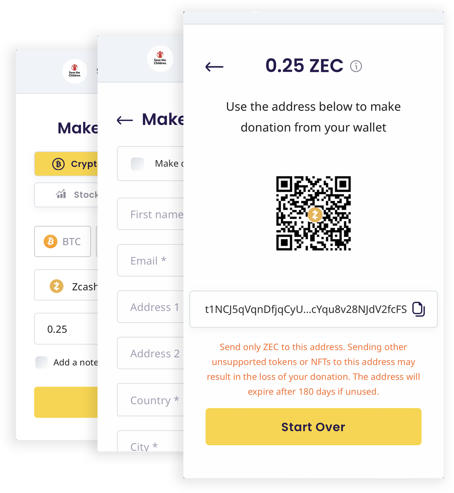 Giving blocks interface screens including an example of a ZEC address