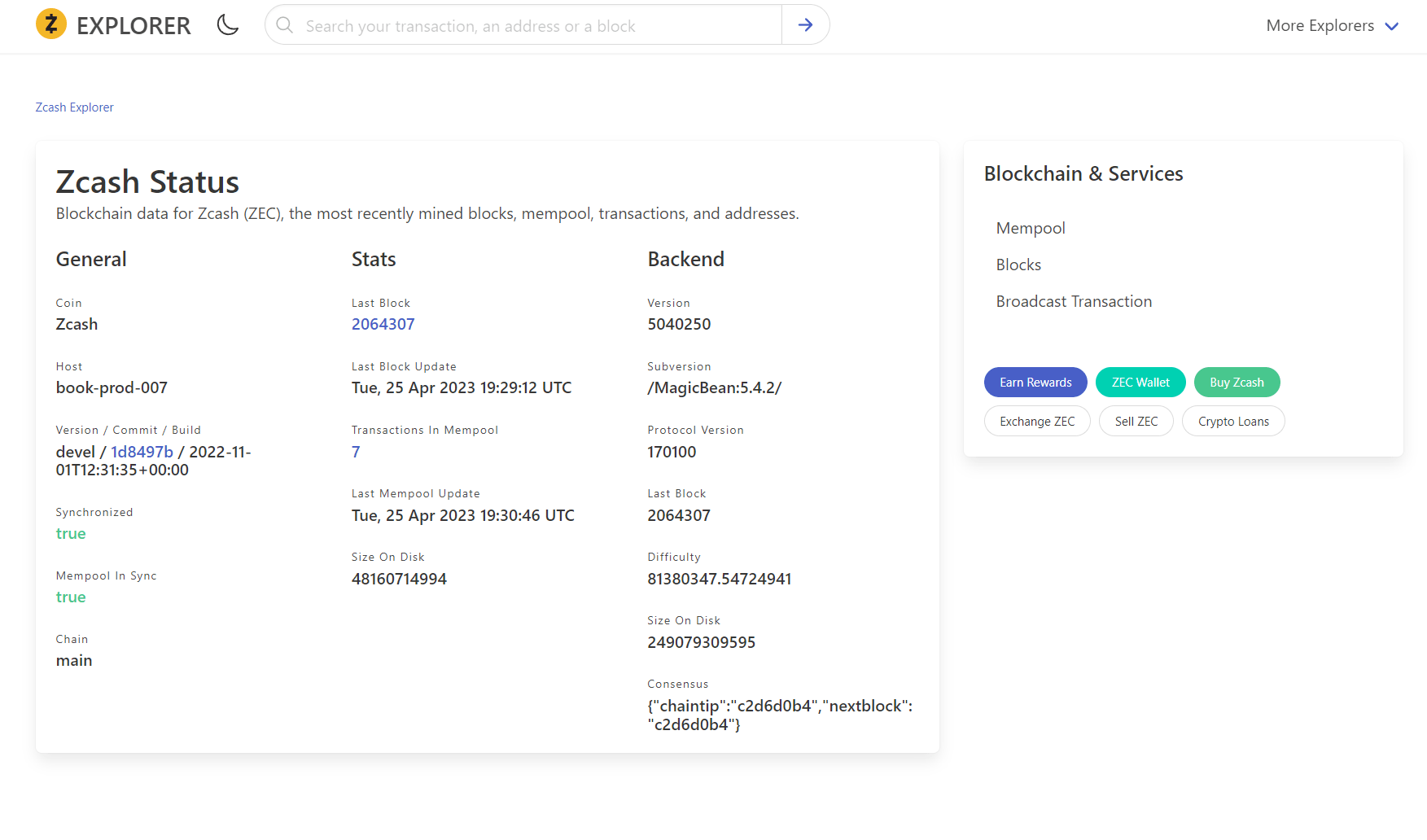 ZEC Block Explorer screen showing Zcash Status and information on a laptop